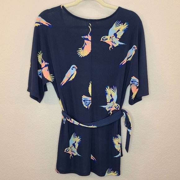 Deletta Top Women XS Petite Navy Bird Novelty Print Knit Dolman Sleeve Tie Waist - Picture 8 of 12